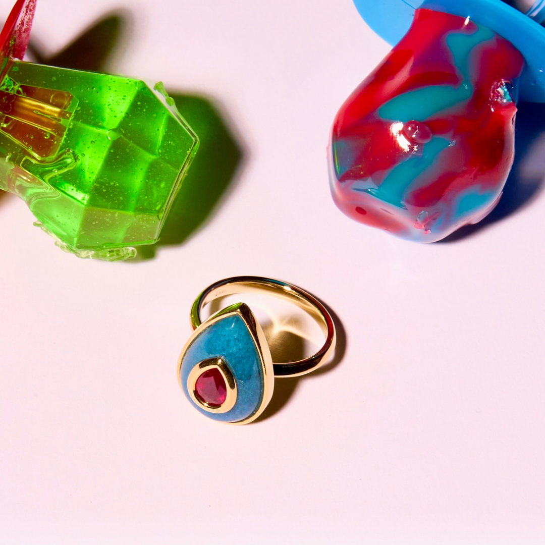 14K Gold Ruby + Trolleite Teardrop Cocktail Ring