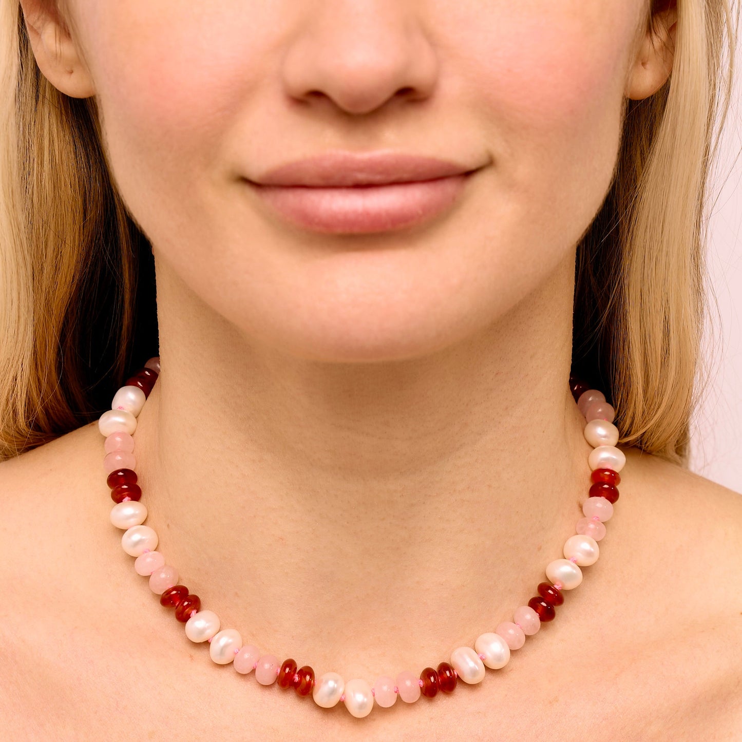 Freshwater Pearl, Rose Quartz, Carnelian + Hot Pink Hand-Knotted Silk Candy Necklace