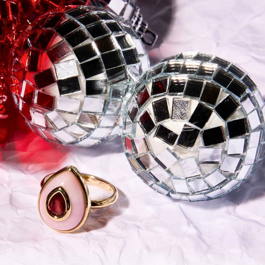 14K Red Spinel + Pink Opal Teardrop Cocktail Ring