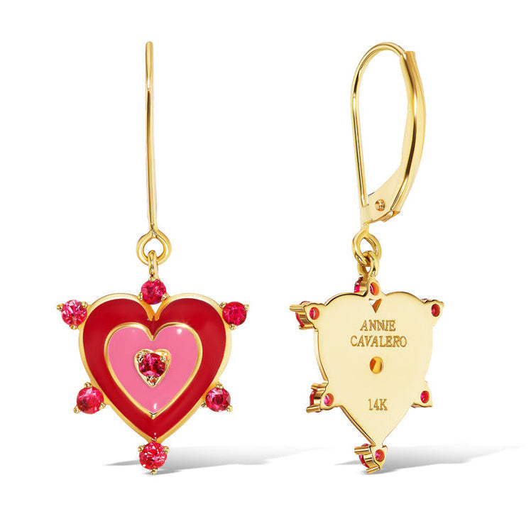 14K Gold Drop Heart Red Spinel Sweet Heart Earrings