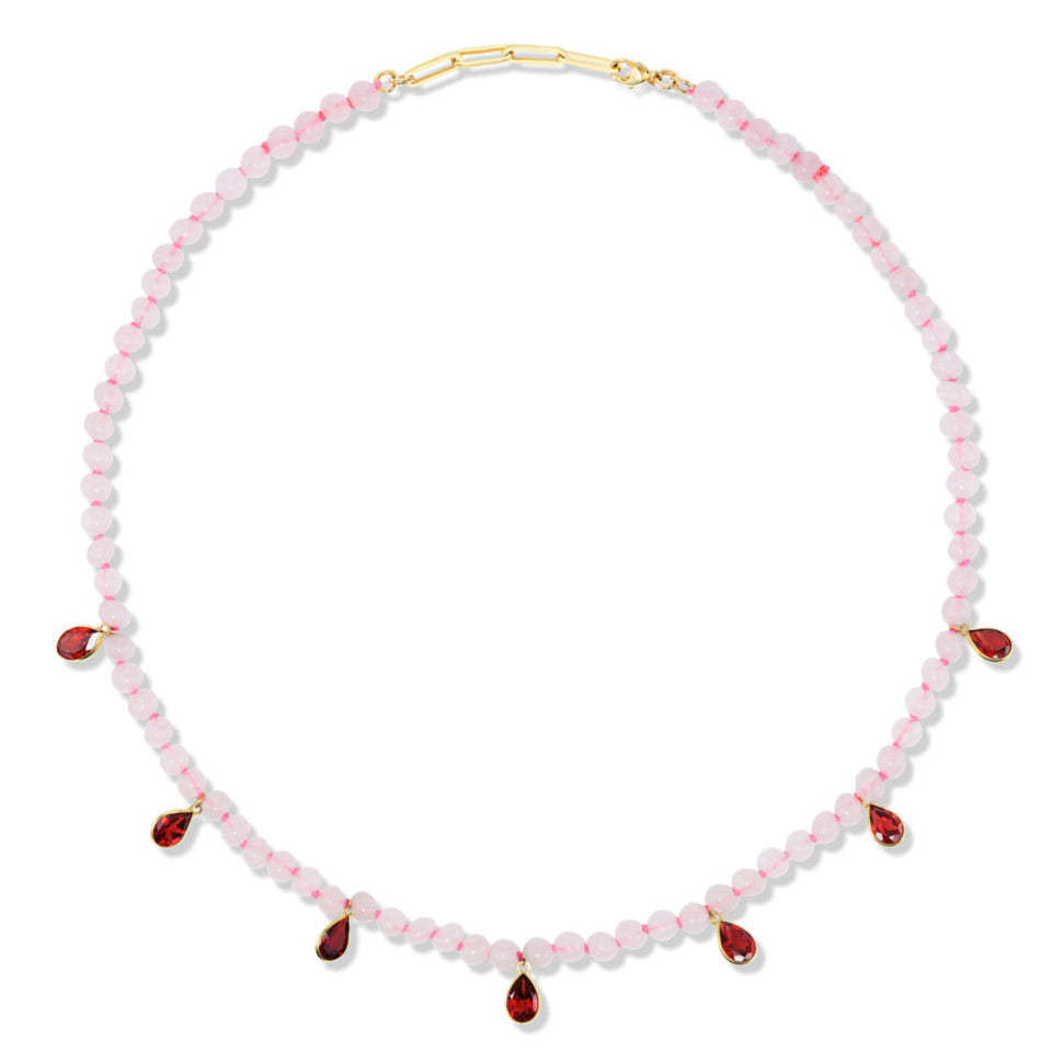 14K Gold Garnet Teardrop Charm + Rose Quartz + Neon Pink Silk Choker Necklace