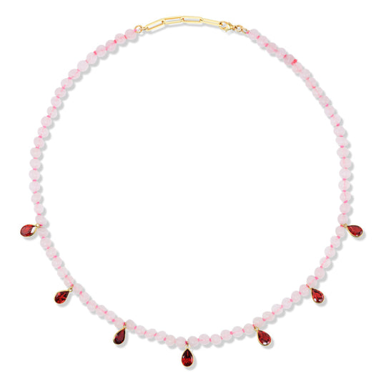 14K Gold Garnet Teardrop Charm + Rose Quartz + Neon Pink Silk Choker Necklace