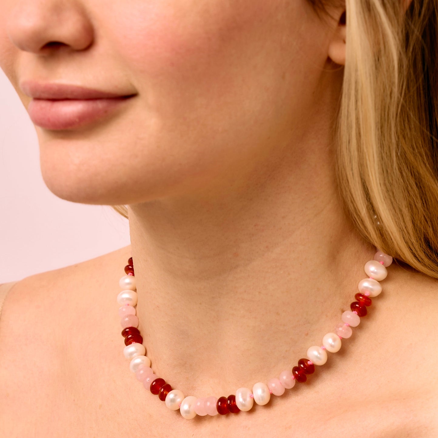 Freshwater Pearl, Rose Quartz, Carnelian + Hot Pink Hand-Knotted Silk Candy Necklace