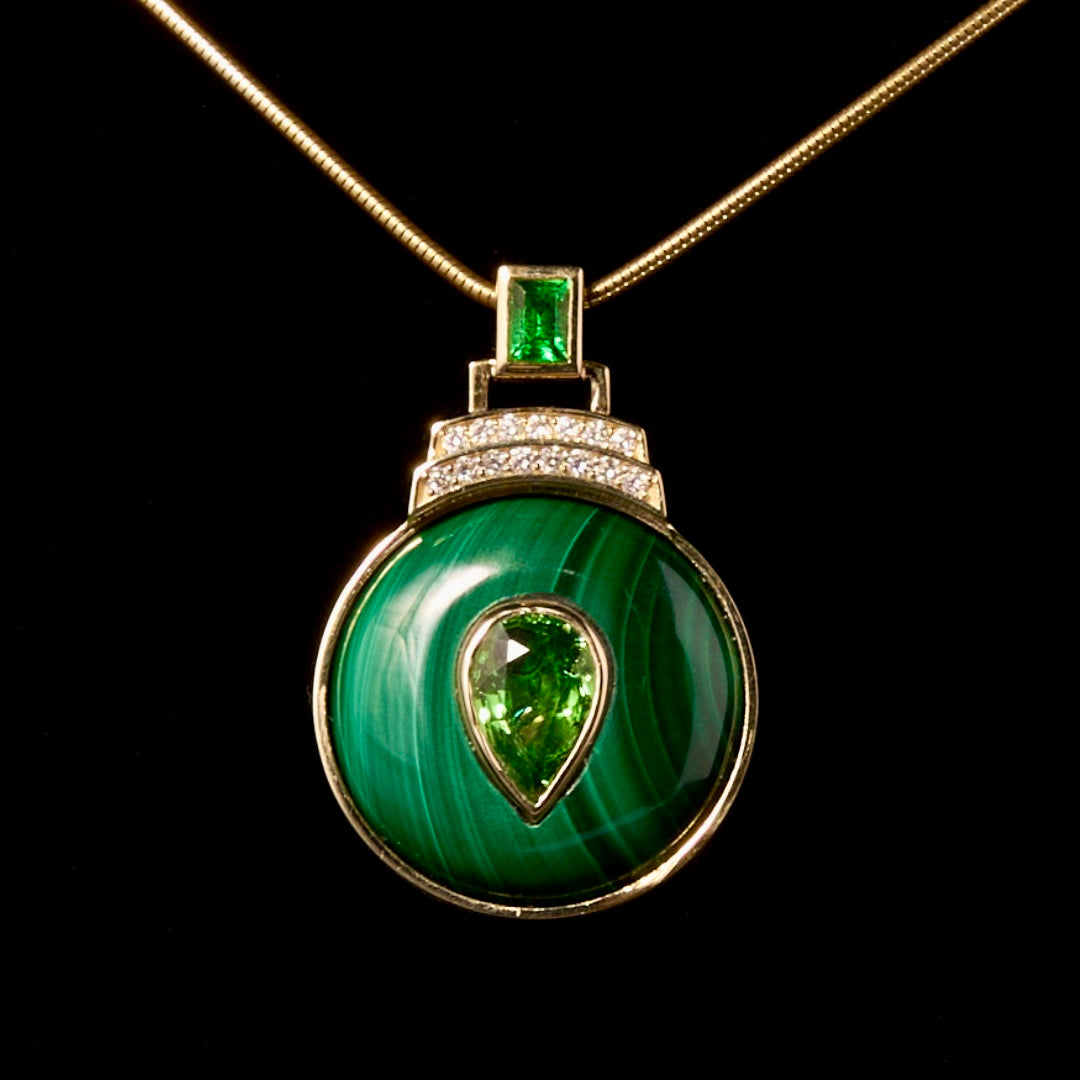 14K Gold Malachite + Tsavorite Garnet + Diamond Pendant Necklace