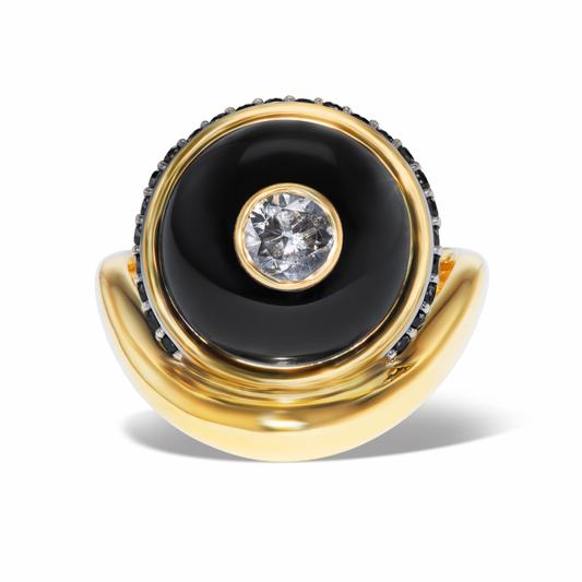 14K Salt and Pepper Diamond + Black Onyx + Black Diamond Wave Ring