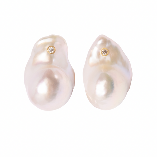 14K Gold Iridescent Baroque Pearl + Diamond Earrings