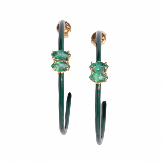 14K Gold Marquise Cut Emerald + Green Enamel Valley Girl Hoop Earrings