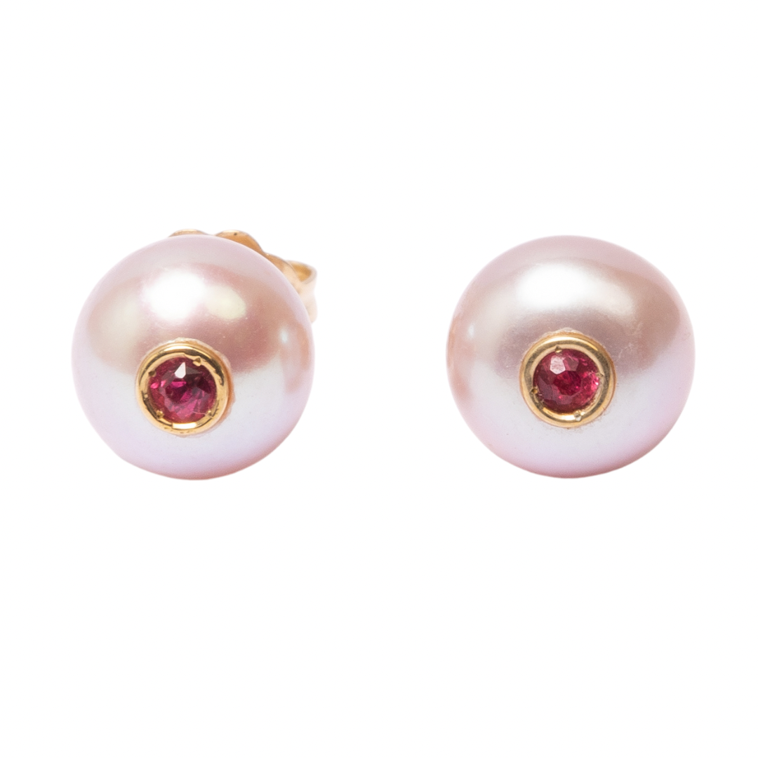 14K Gold Pink Freshwater Pearl + Red Spinel Stud Earrings