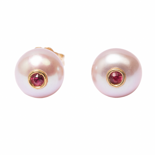 14K Gold Pink Freshwater Pearl + Red Spinel Stud Earrings