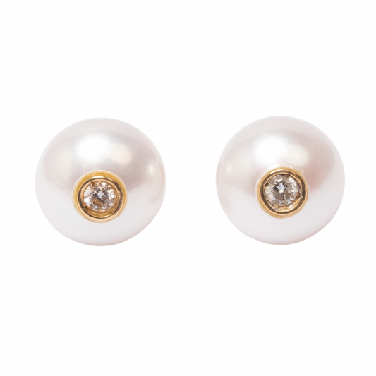 14K Gold Freshwater Pearl + Diamond Stud Earrings