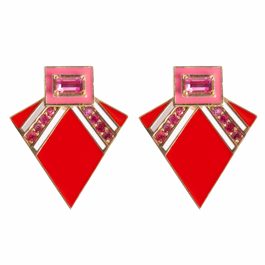 14K Gold Pink + Ombré Red Spinel Art Deco Enamel Fan Earrings