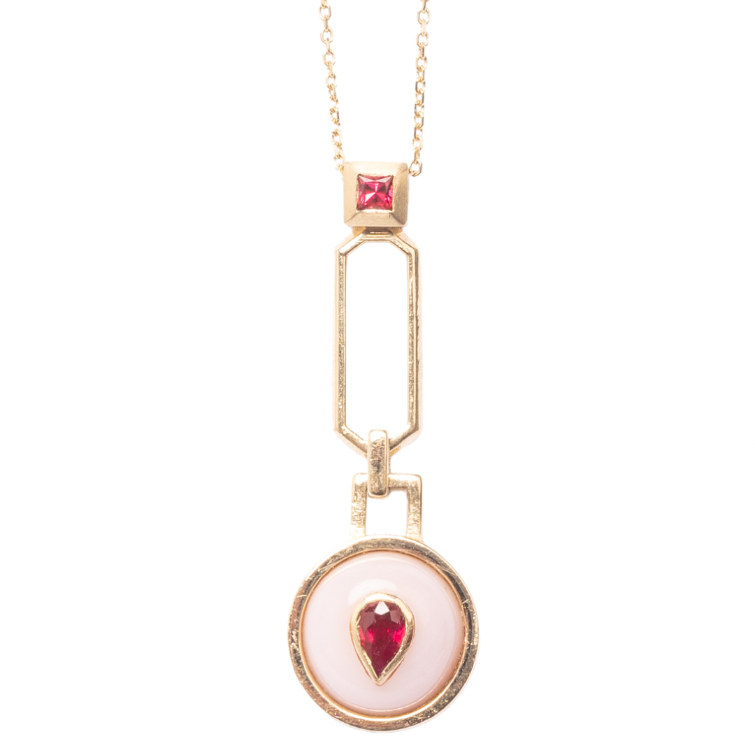 14K Gold Ruby + Pink Opal + Neon Pink Spinel Pendant Necklace