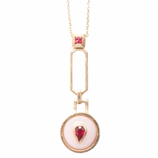 14K Gold Ruby + Pink Opal + Neon Pink Spinel Pendant Necklace