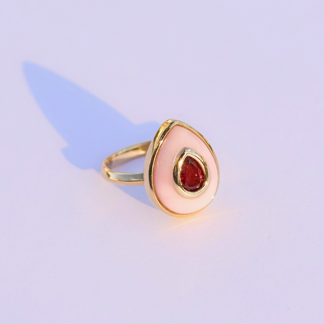14K Red Spinel + Pink Opal Teardrop Cocktail Ring