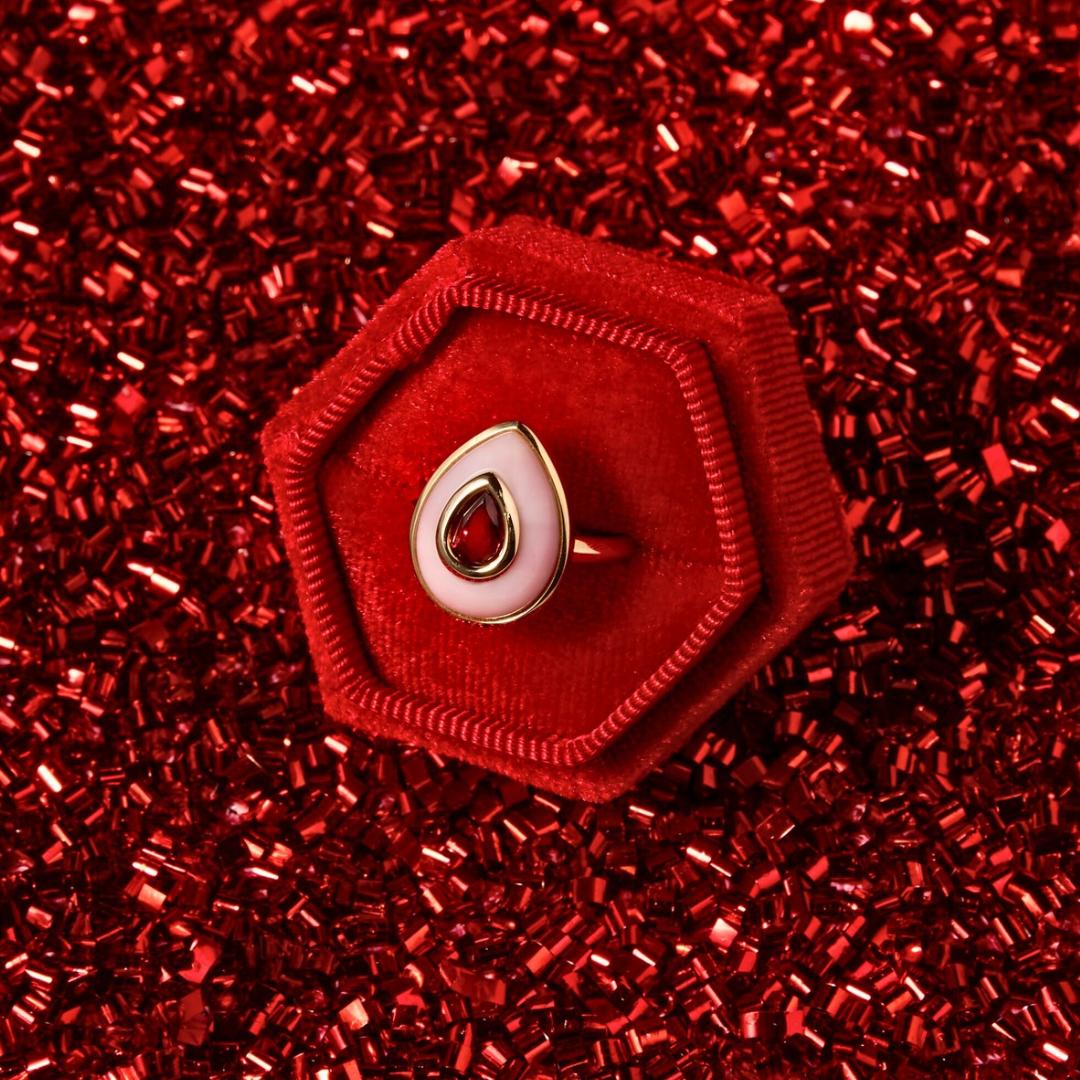 14K Red Spinel + Pink Opal Teardrop Cocktail Ring