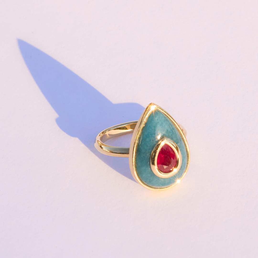 14K Gold Ruby + Trolleite Teardrop Cocktail Ring