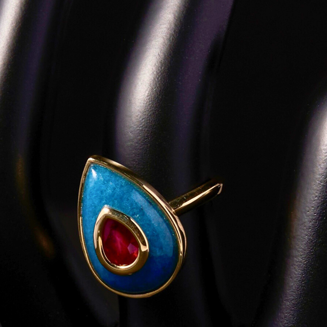 14K Gold Ruby + Trolleite Teardrop Cocktail Ring