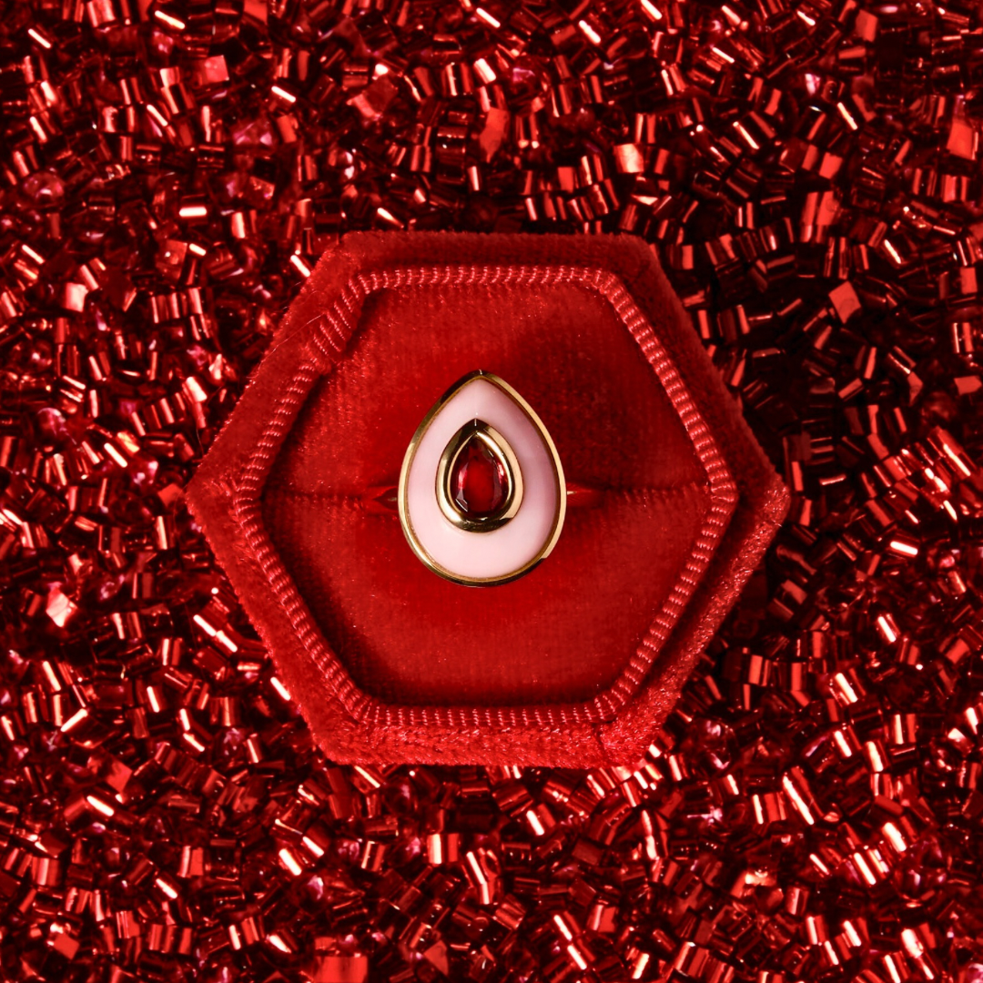 14K Red Spinel + Pink Opal Teardrop Cocktail Ring