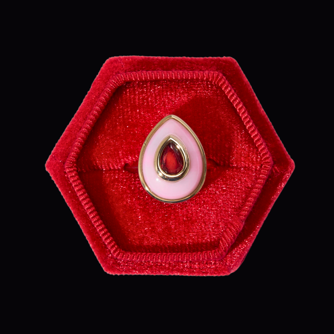 14K Red Spinel + Pink Opal Teardrop Cocktail Ring