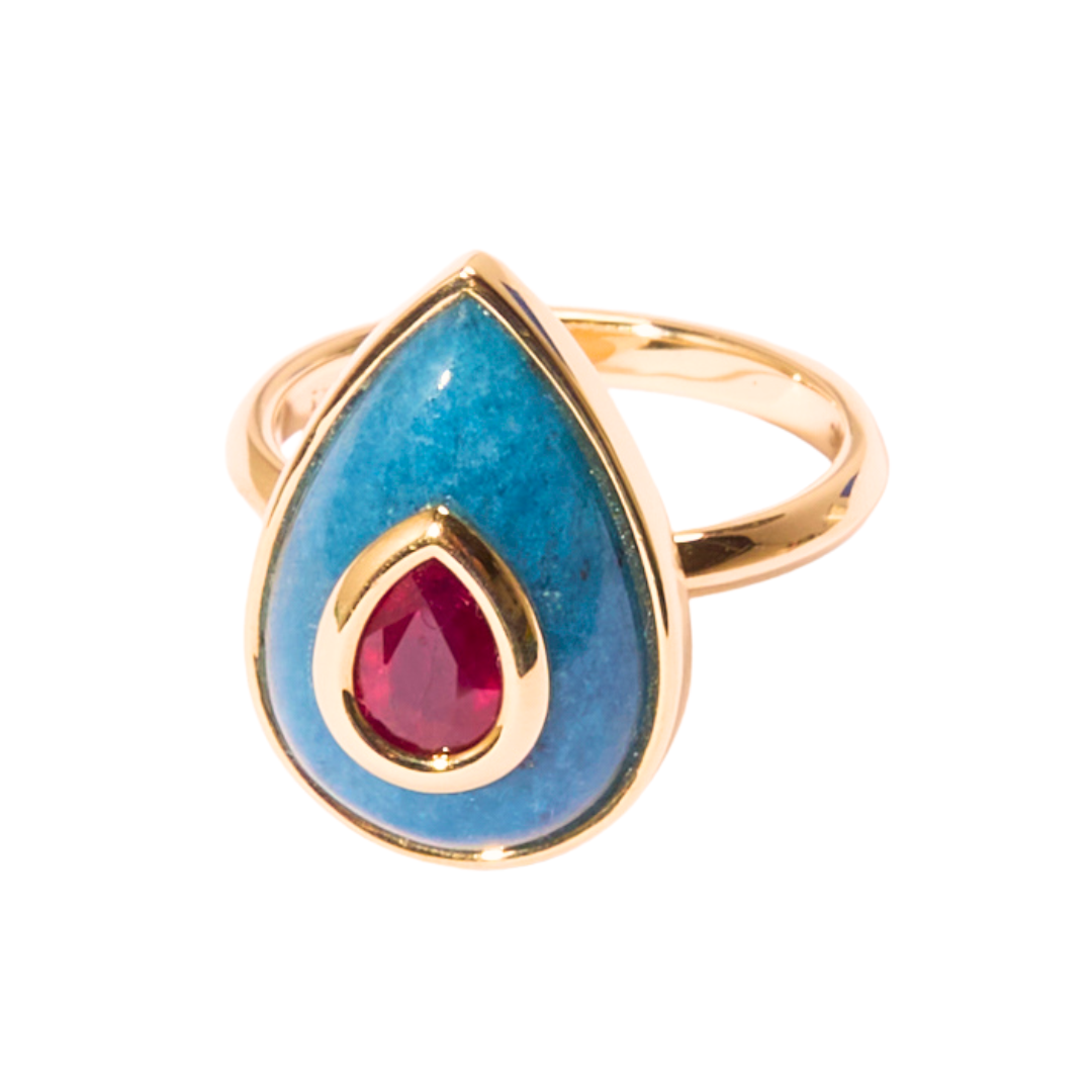 14K Gold Ruby + Trolleite Teardrop Cocktail Ring