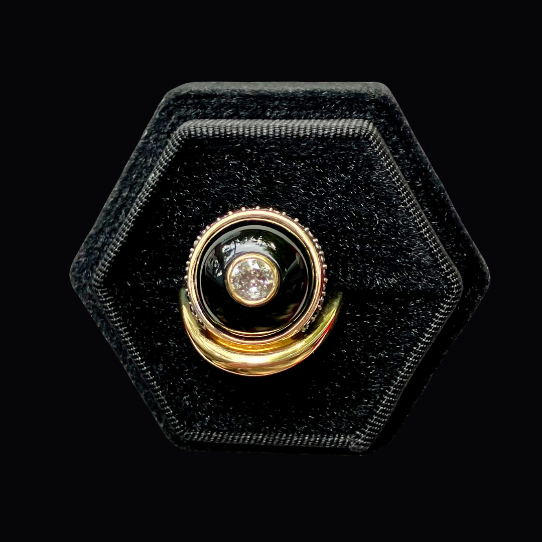 14K Salt and Pepper Diamond + Black Onyx + Black Diamond Wave Ring