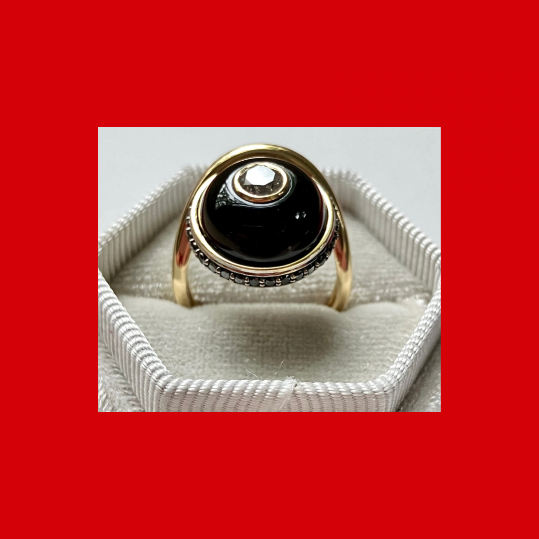 14K Salt and Pepper Diamond + Black Onyx + Black Diamond Wave Ring