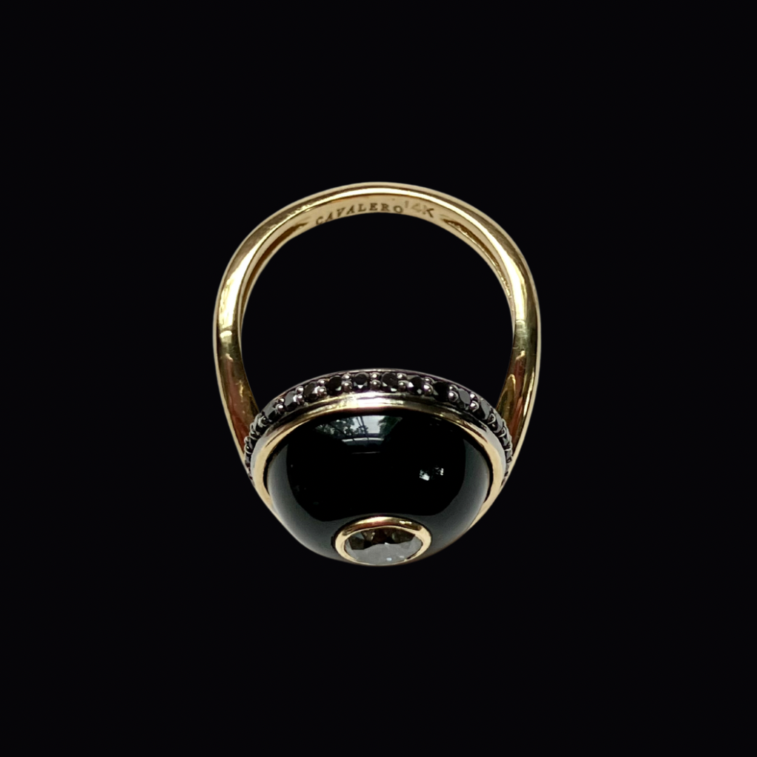 14K Salt and Pepper Diamond + Black Onyx + Black Diamond Wave Ring
