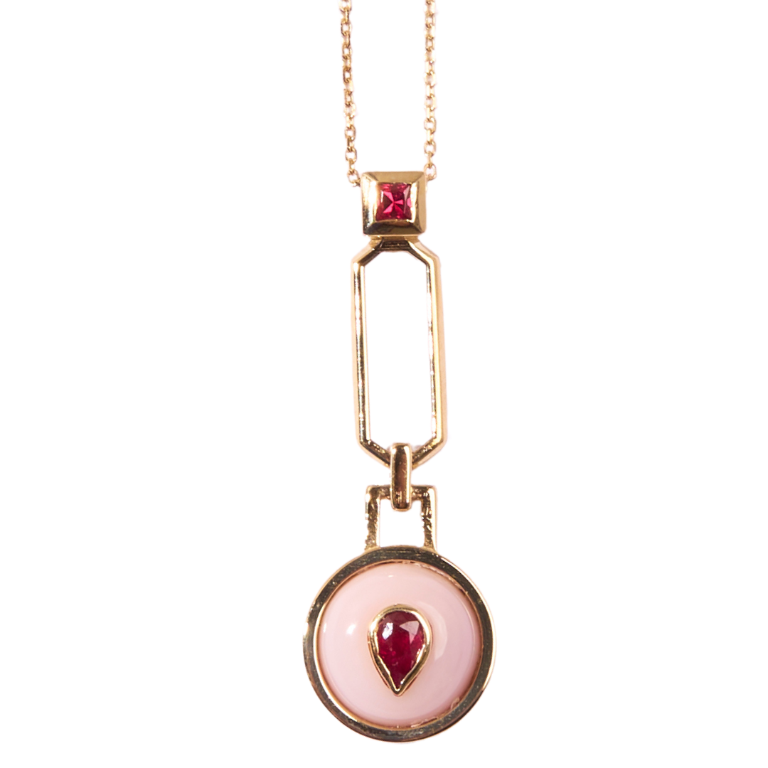 14K Gold Ruby + Pink Opal + Neon Pink Spinel Pendant Necklace