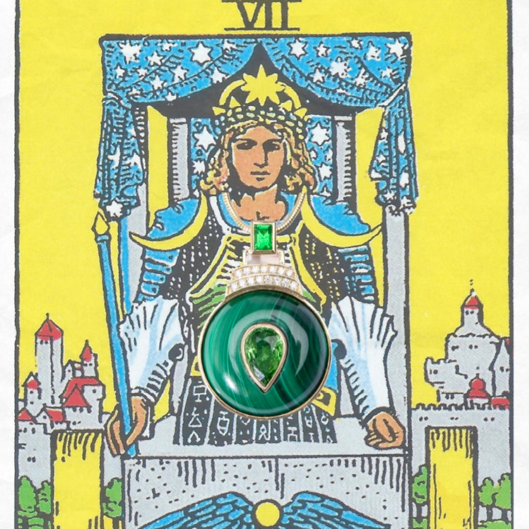 14K Gold Malachite + Tsavorite Garnet + Diamond Pendant Necklace