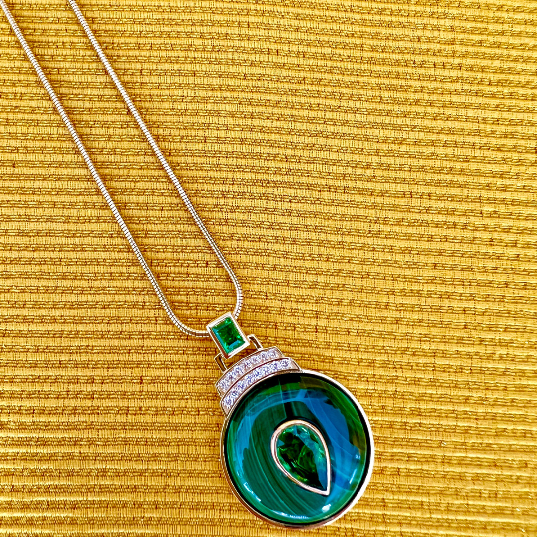 14K Gold Malachite + Tsavorite Garnet + Diamond Pendant Necklace