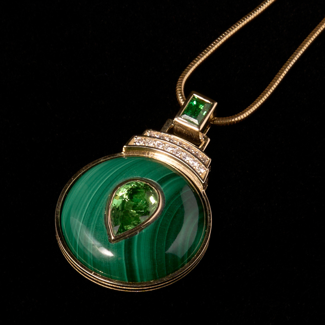 14K Gold Malachite + Tsavorite Garnet + Diamond Pendant Necklace