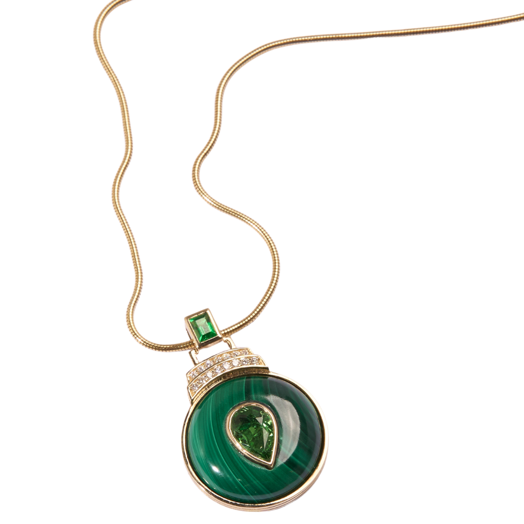 14K Gold Malachite + Tsavorite Garnet + Diamond Pendant Necklace