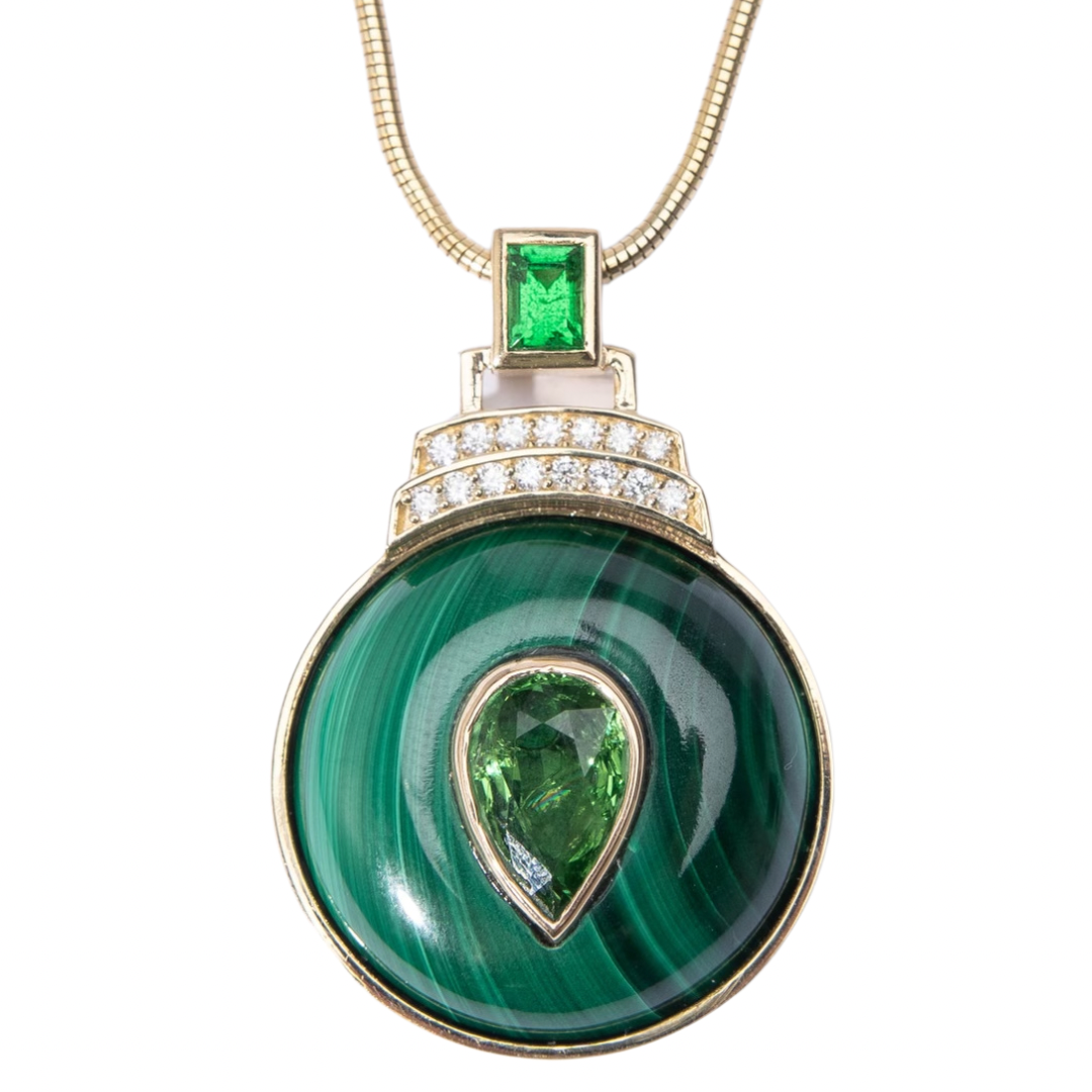 14K Gold Malachite + Tsavorite Garnet + Diamond Pendant Necklace