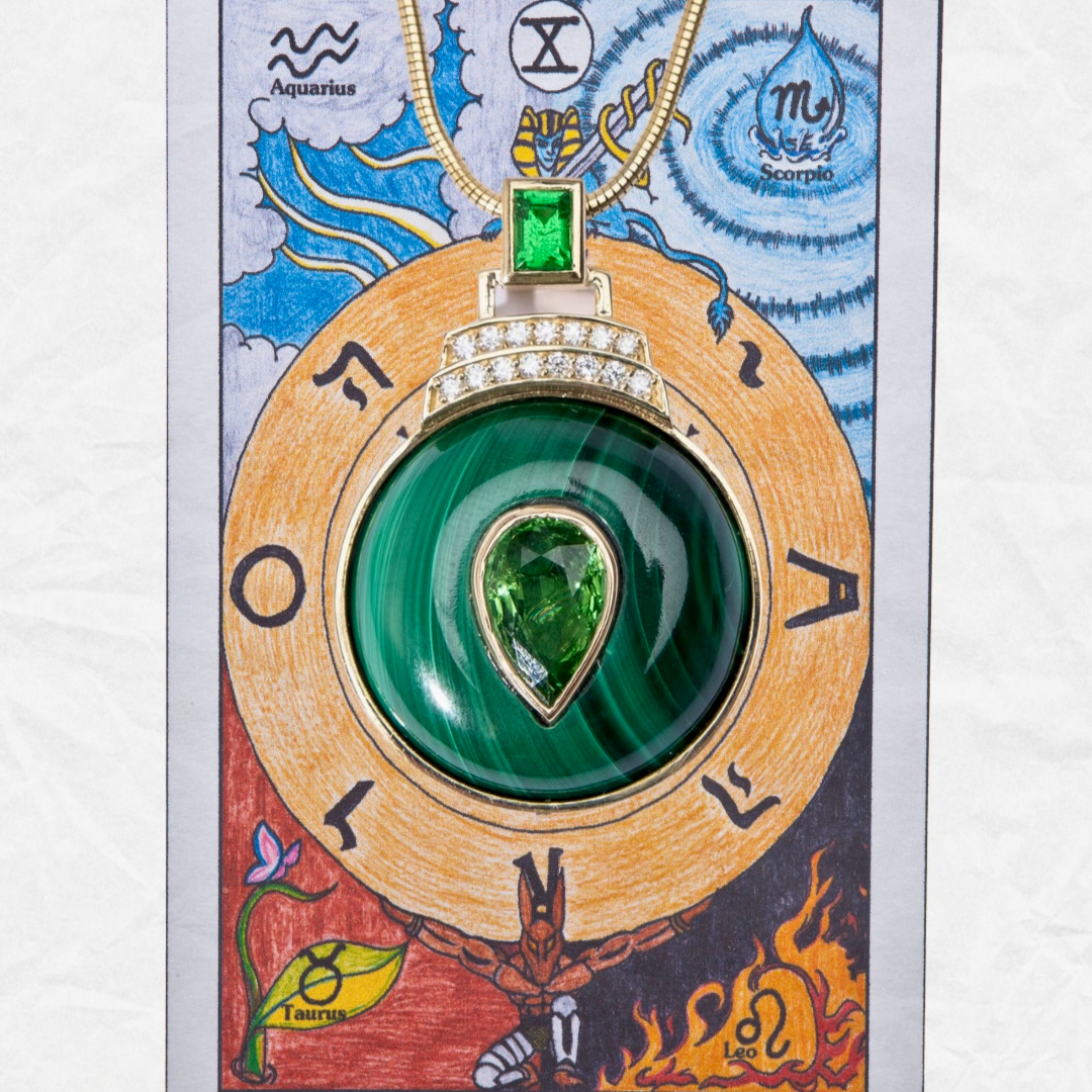 14K Gold Malachite + Tsavorite Garnet + Diamond Pendant Necklace