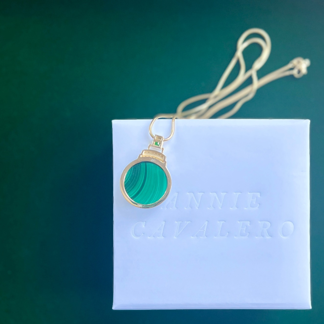 14K Gold Malachite + Tsavorite Garnet + Diamond Pendant Necklace