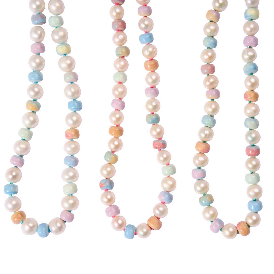Retro Ombré Pastel Rainbow + Freshwater Pearl Tie Dyed Gemstone Candy Necklace