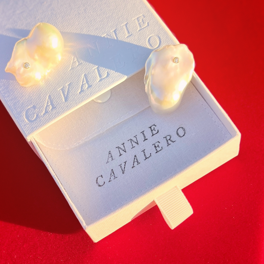 14K Gold Iridescent Baroque Pearl + Diamond Earrings