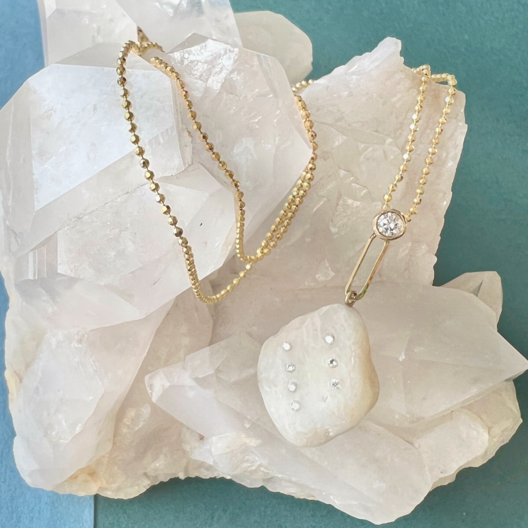 14K Gold + White Sapphire + Diamond Lake Tahoe Necklace