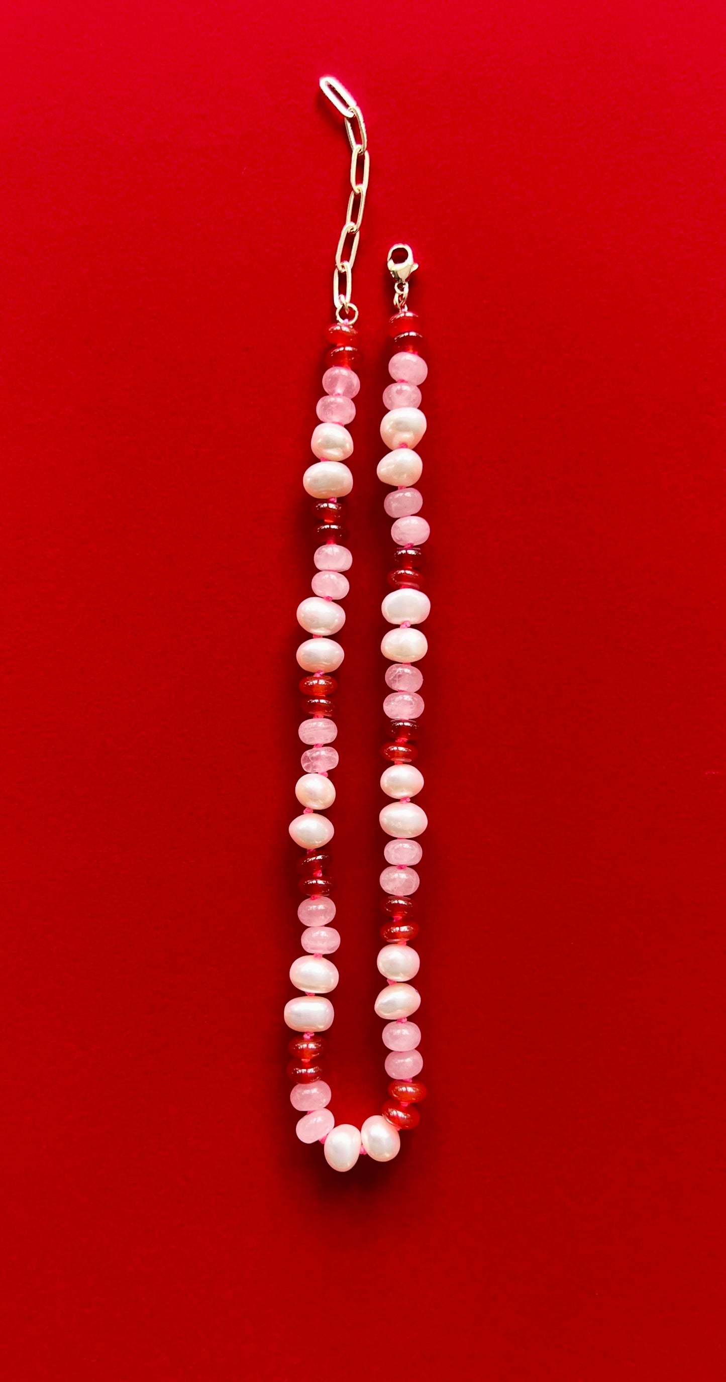 Freshwater Pearl, Rose Quartz, Carnelian + Hot Pink Hand-Knotted Silk Candy Necklace