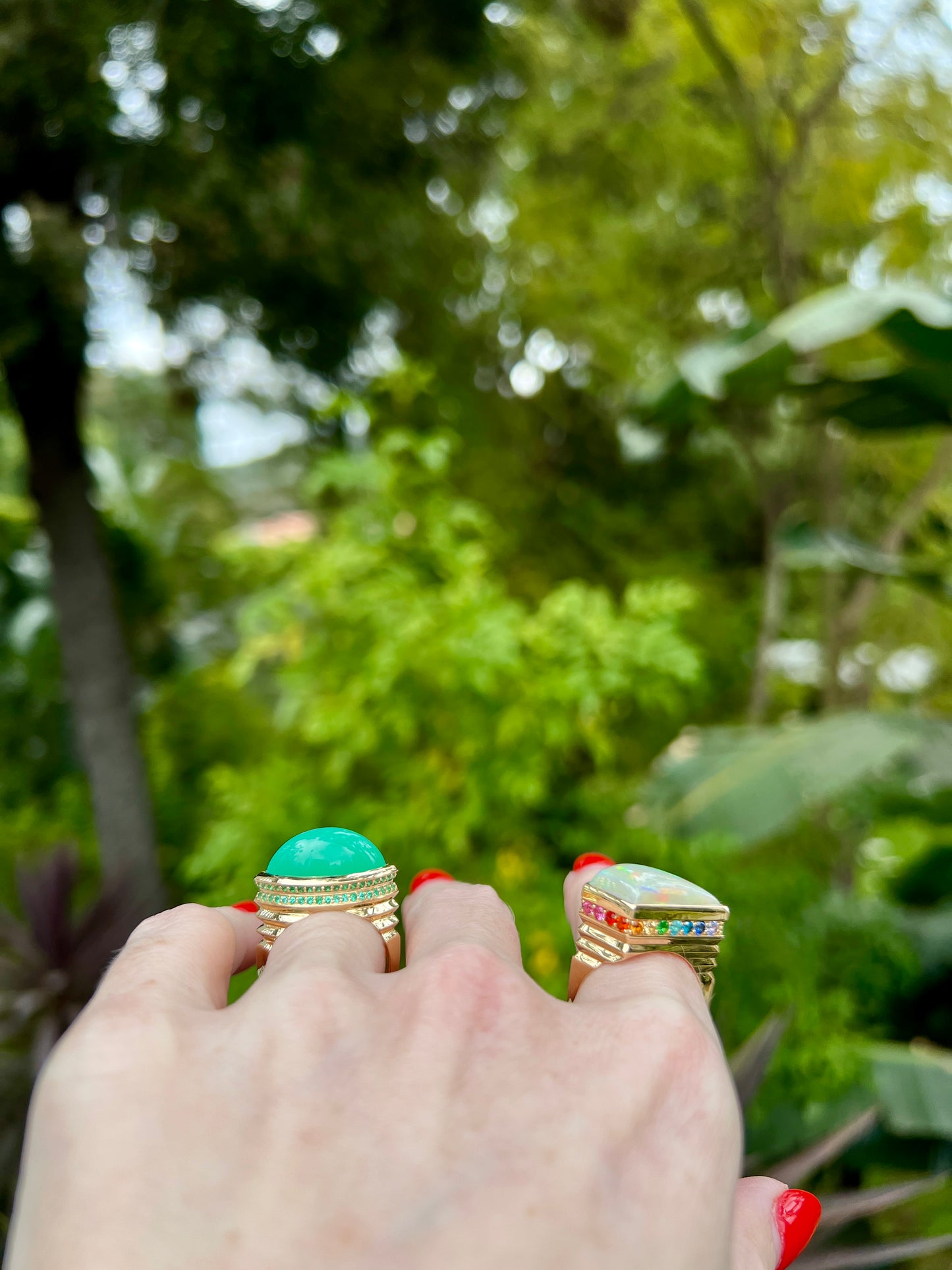 18K Gold Australian Opal + Ombré Rainbow Kite Cocktail Ring
