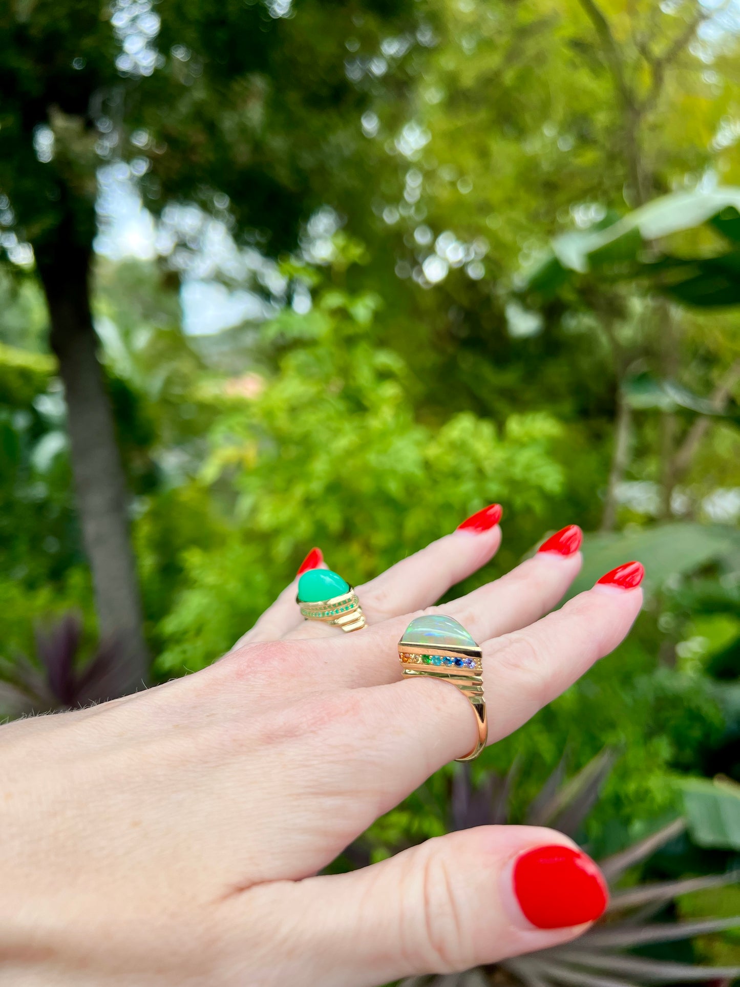 18K Gold Australian Opal + Ombré Rainbow Kite Cocktail Ring