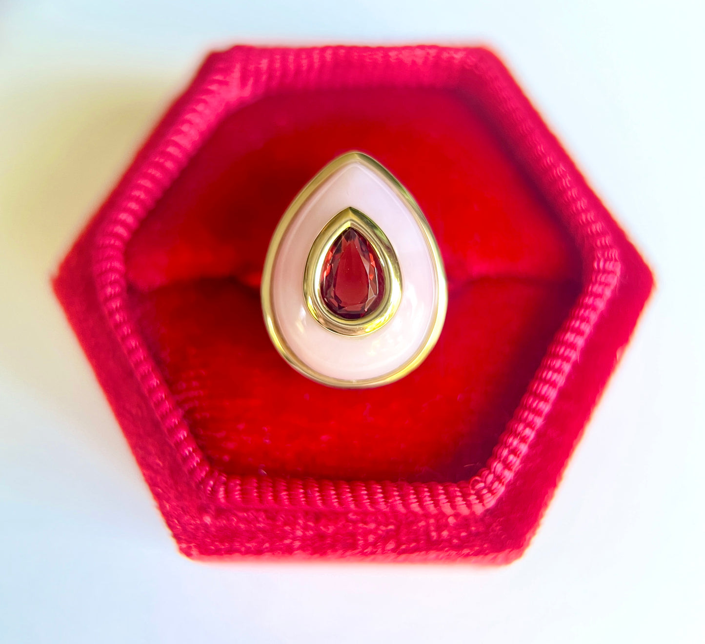 14K Red Spinel + Pink Opal Teardrop Cocktail Ring