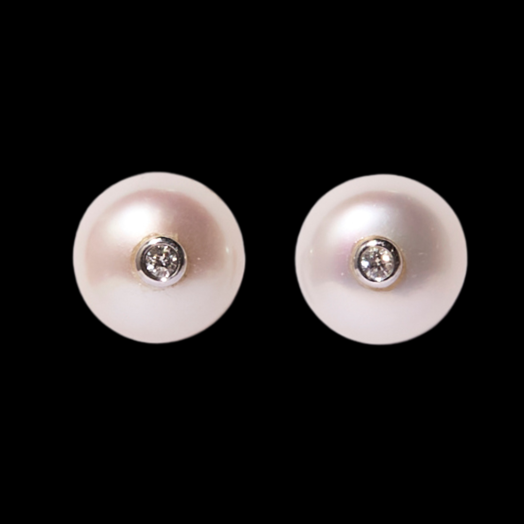 14K Gold Freshwater Pearl + Small Diamond Stud Earrings