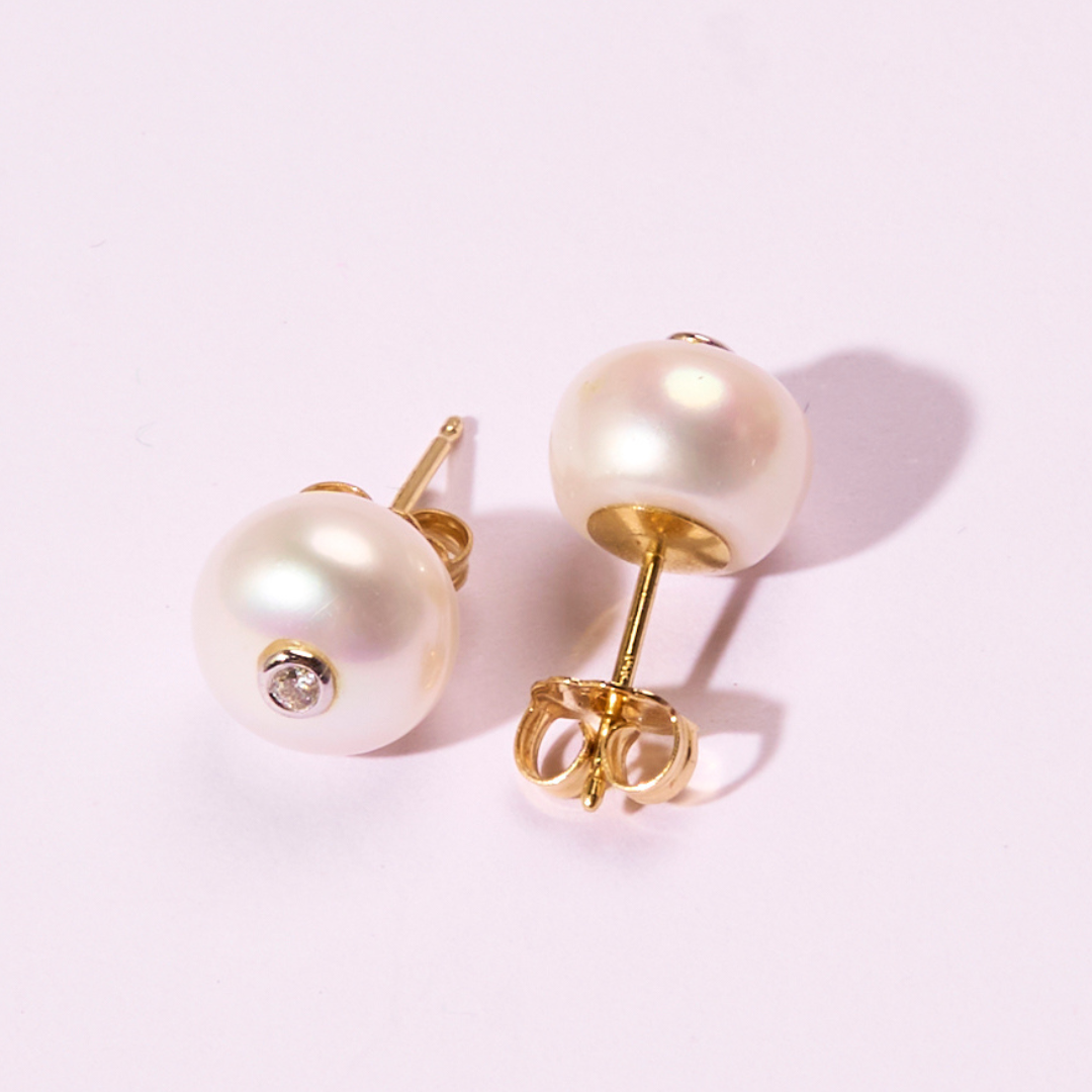 14K Gold Freshwater Pearl + Small Diamond Stud Earrings