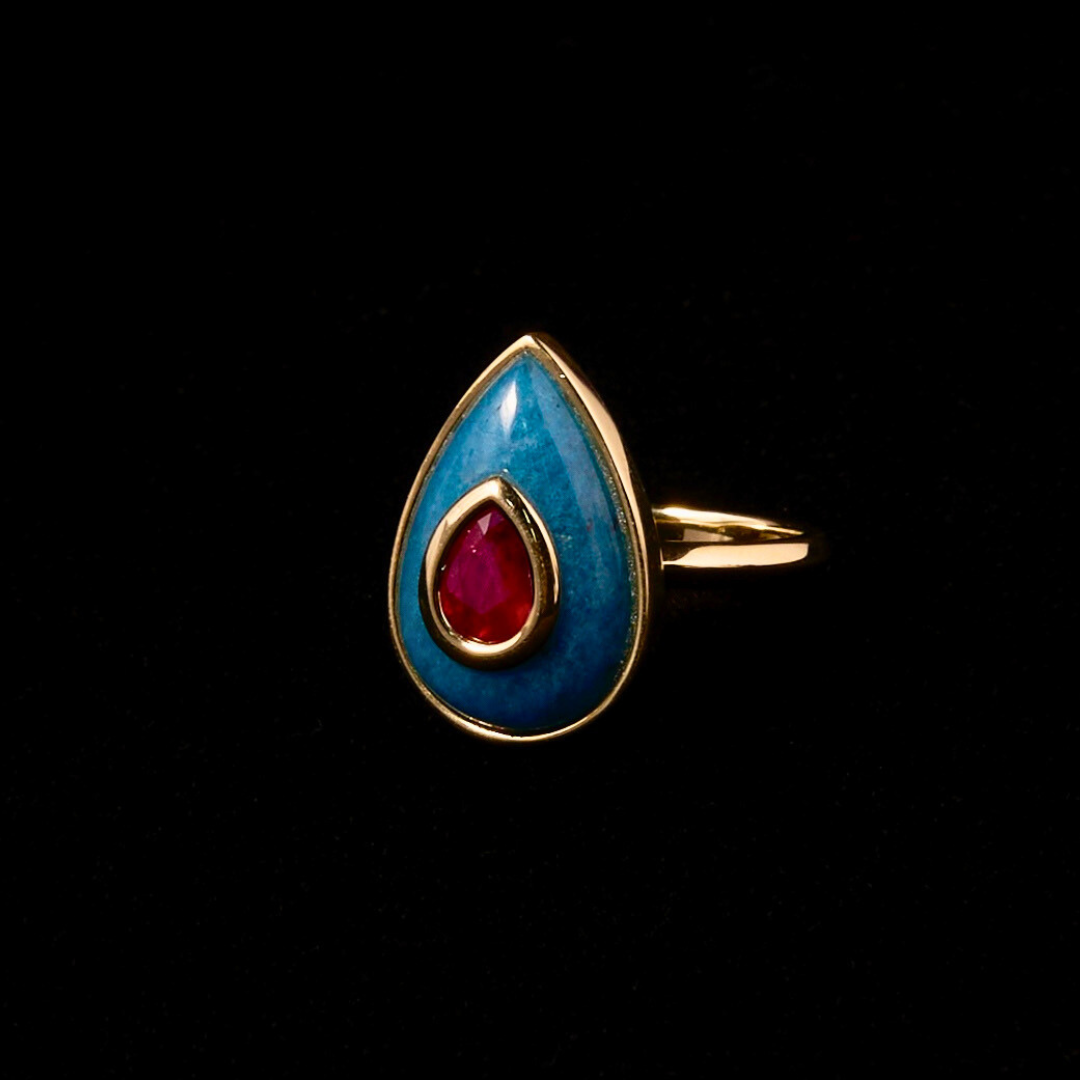 14K Gold Ruby + Trolleite Teardrop Cocktail Ring