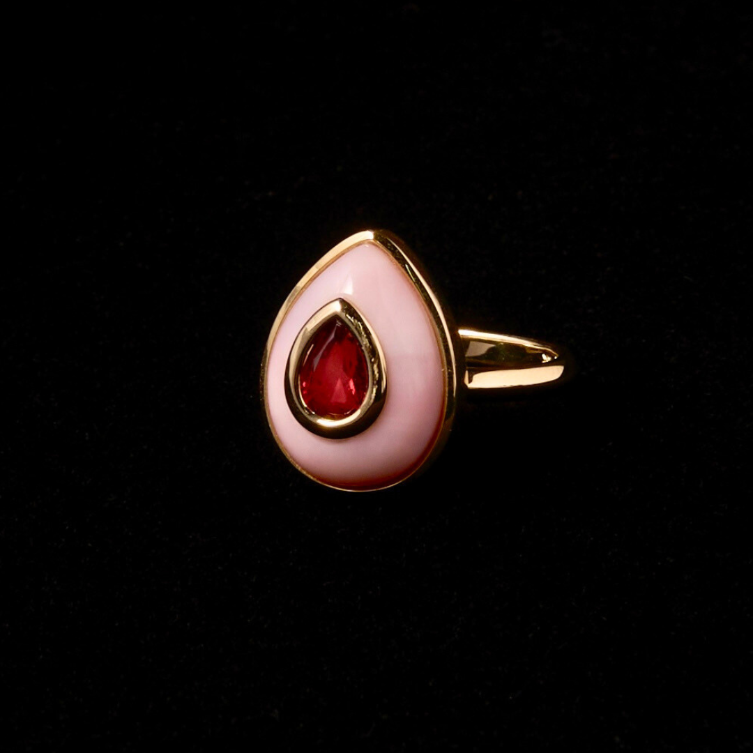 14K Red Spinel + Pink Opal Teardrop Cocktail Ring