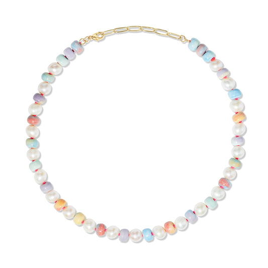 Retro Ombré Pastel Rainbow + Freshwater Pearl Tie Dyed Gemstone Candy Necklace