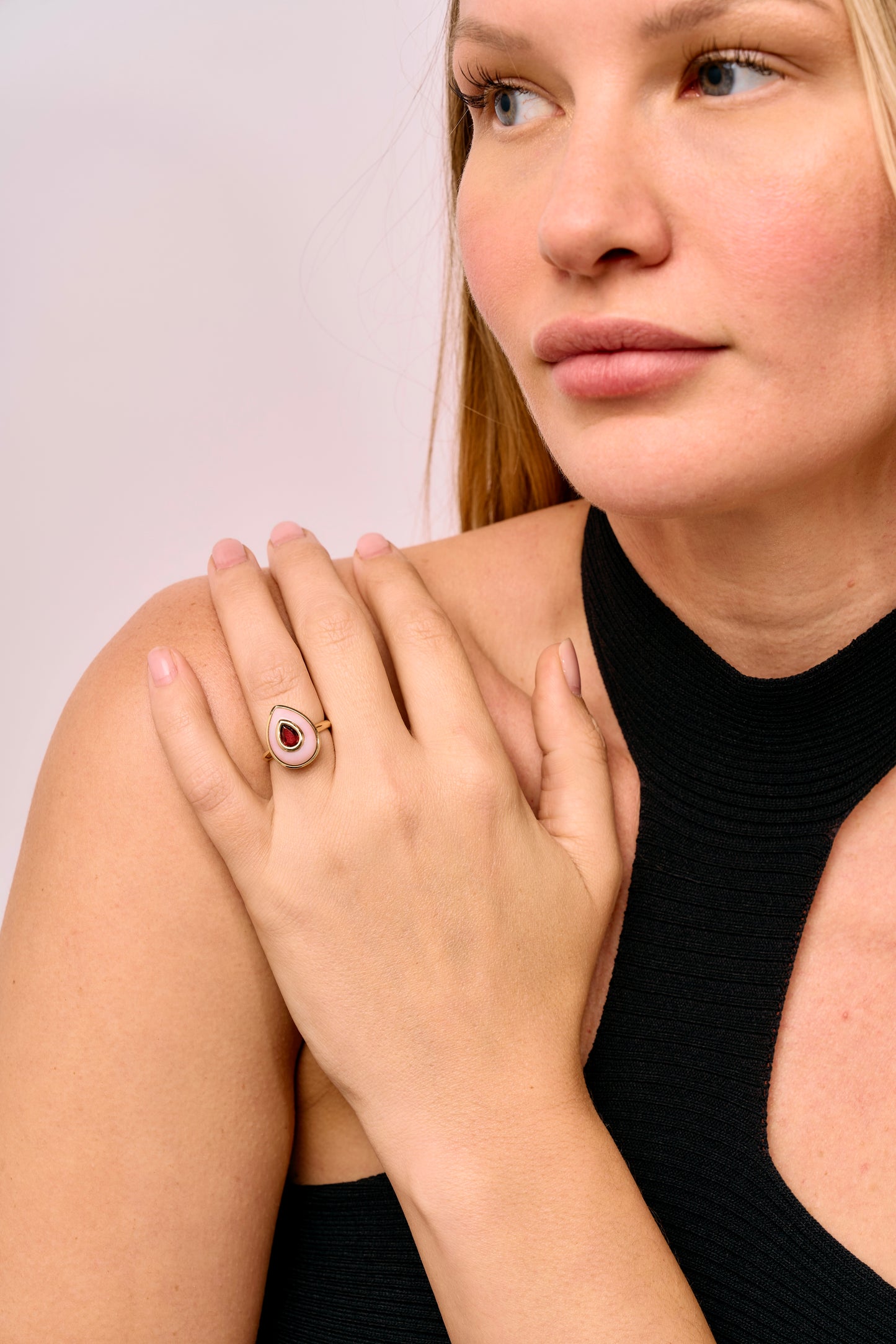 14K Red Spinel + Pink Opal Teardrop Cocktail Ring
