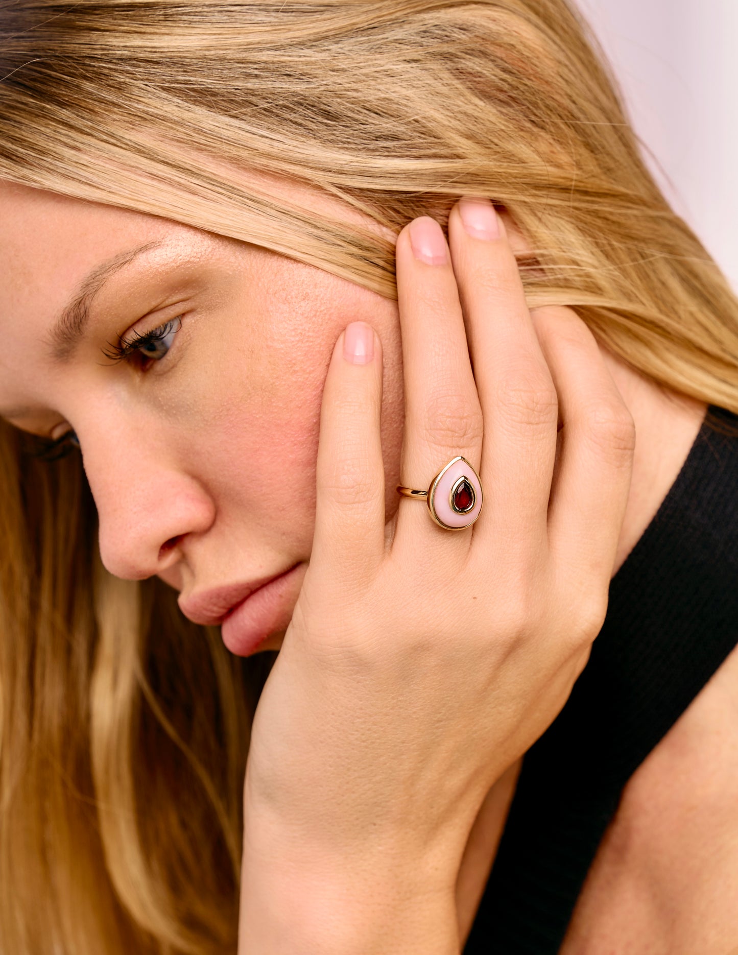 14K Red Spinel + Pink Opal Teardrop Cocktail Ring