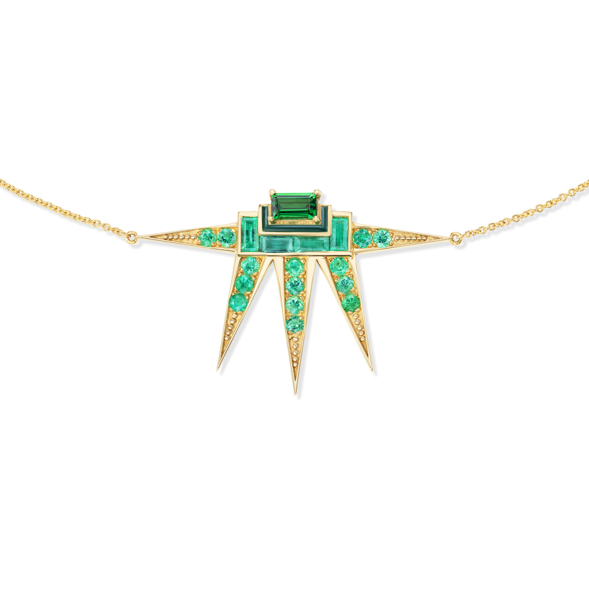 14K Gold Emerald + Tsavorite Garnet + Green Enamel Starburst Pendant Necklace